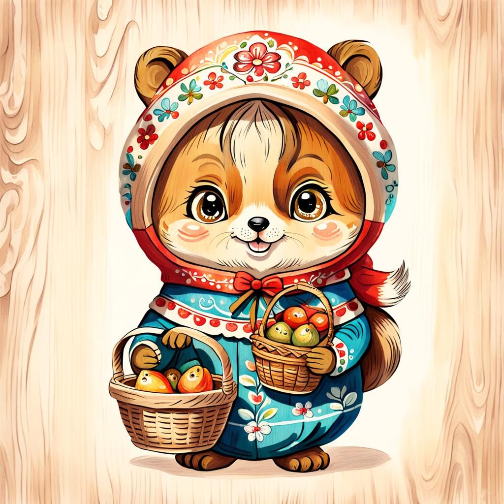 Matryoshka Chipmunk Doll in Watercolor Sketch Style