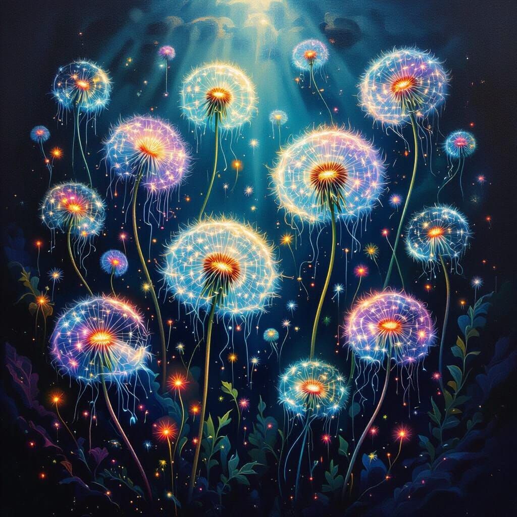 Ethereal Neon Dandelions as Jellyfish in Dark Abyss