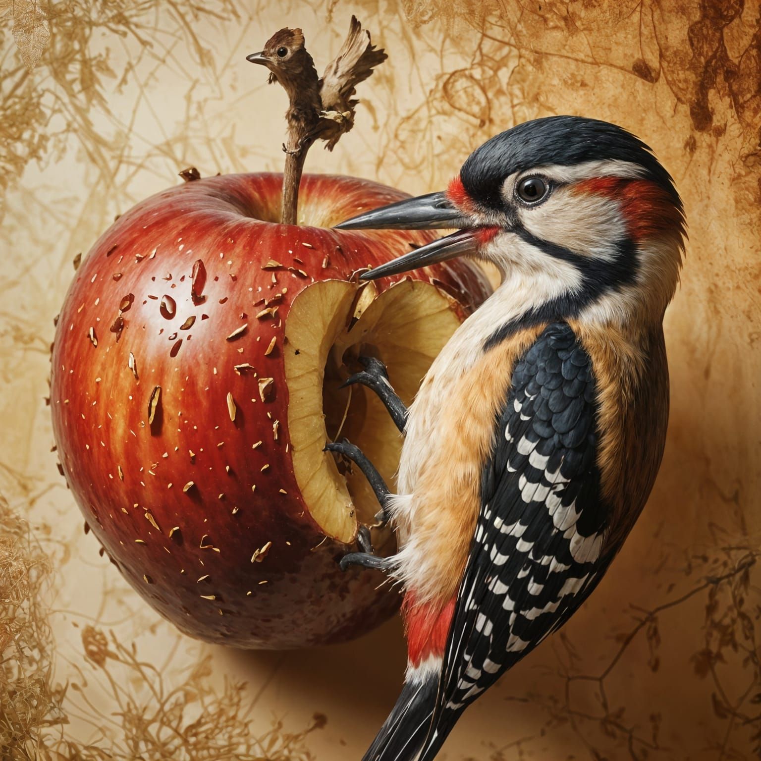Surreal Woodpecker Pecking Inside a Giant Apple