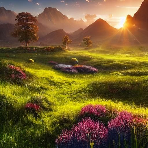 Vibrant Wildflower Meadow with Chair, Surreal Landscape Pain...