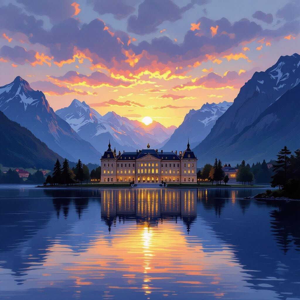 Historic Mountain Palace Reflecting Sunset on Lake