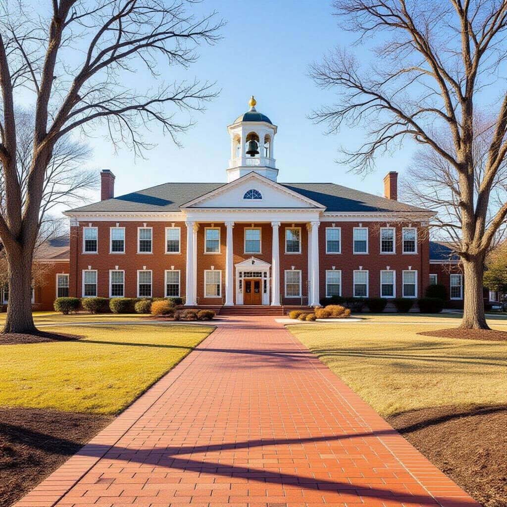 Realistic School Building with Bell and Peach Brick Pathway
