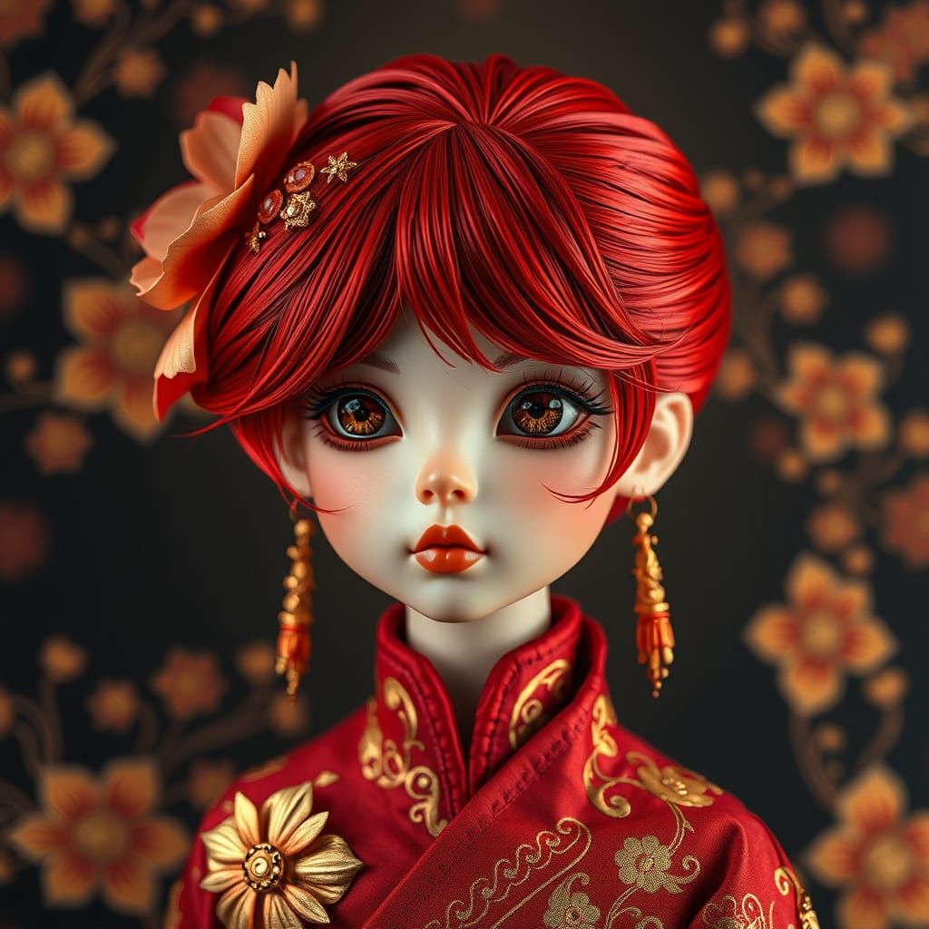 Crimson and Gold Doll in Escher Style Architecture