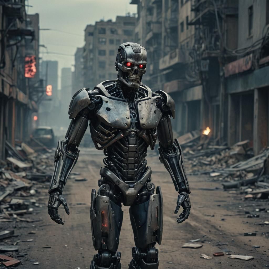 Cybernetic Assassin in Post-Apocalyptic Cityscape