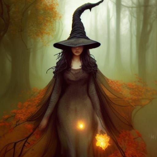 Eerie Autumn Witch in Hypermaximalist Digital Art