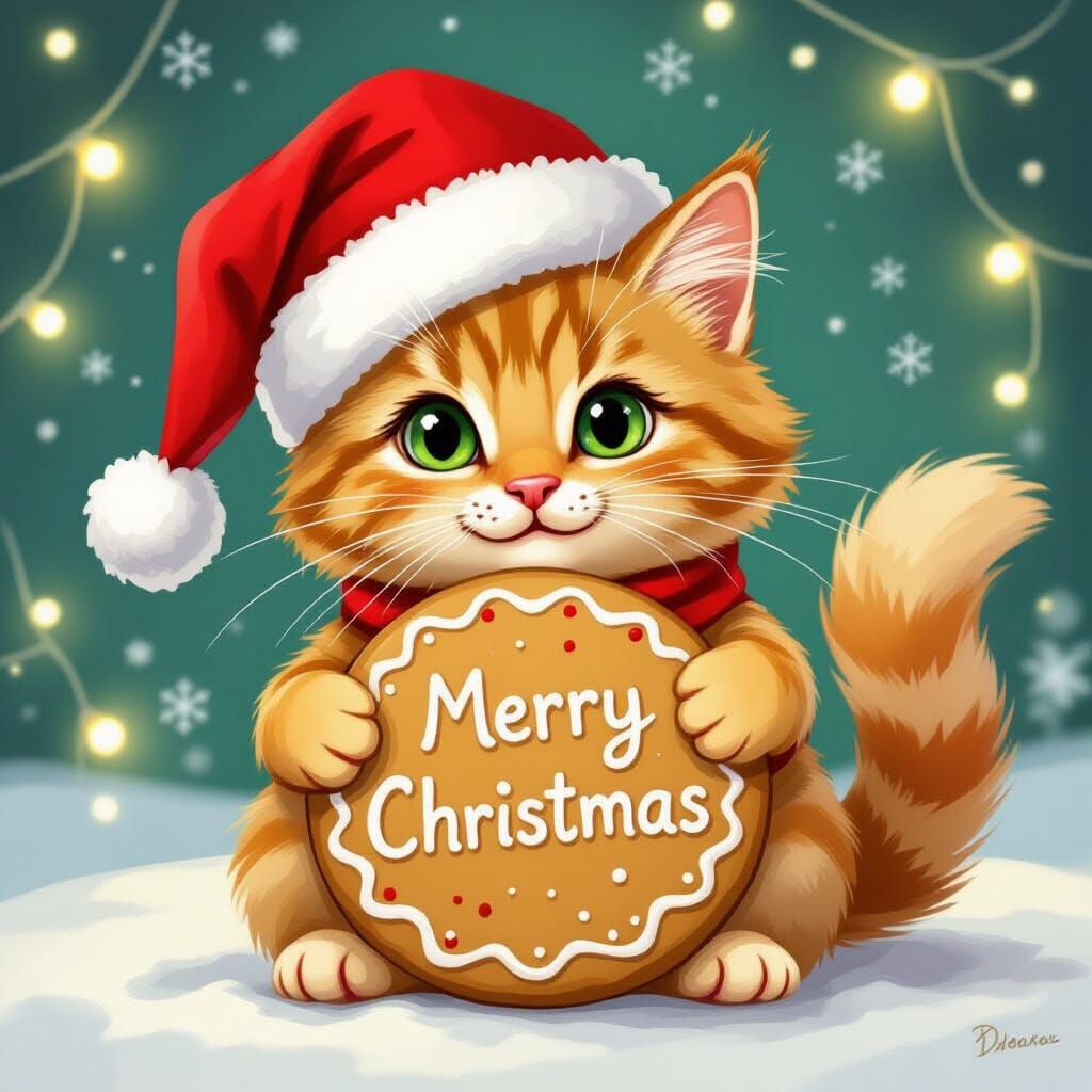Cute Ginger Cat Wishes Merry Christmas with Cookie