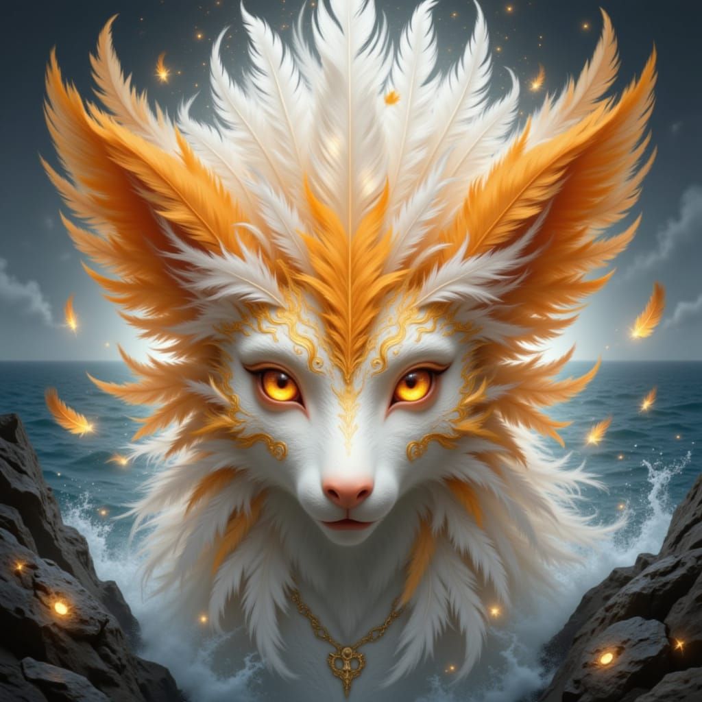 Feathered Angel with Golden Eyes and Mandala Runes