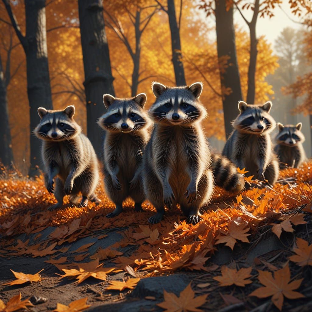 Raccoons Jump in Autumn Leaves Digital Matte Painting