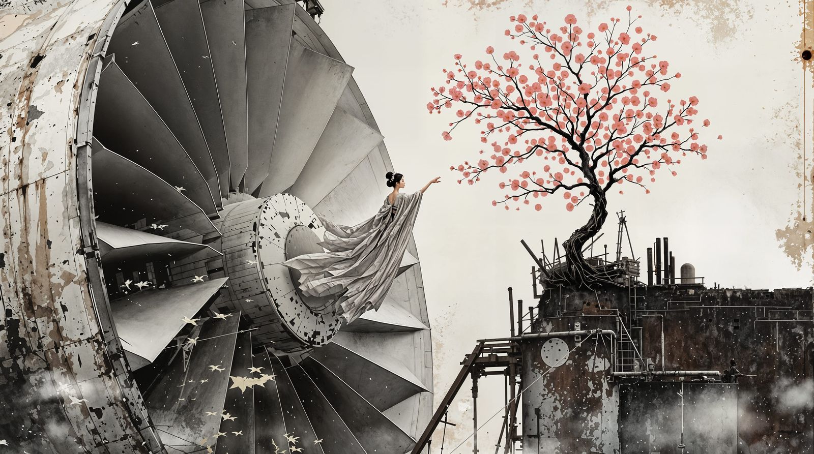 Japanese Geisha Amidst Industrial Decay
