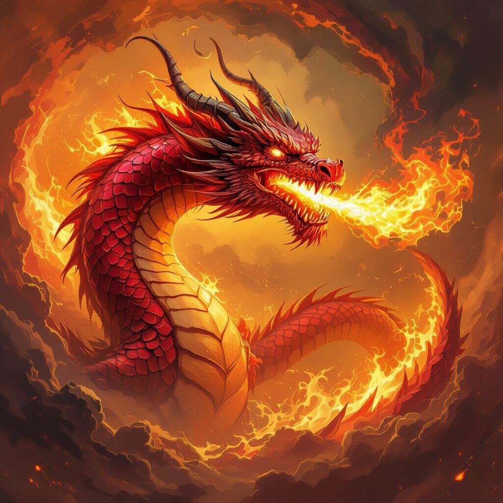 Magnificent Fire Dragon Breathing Fire in Fantasy Art Style