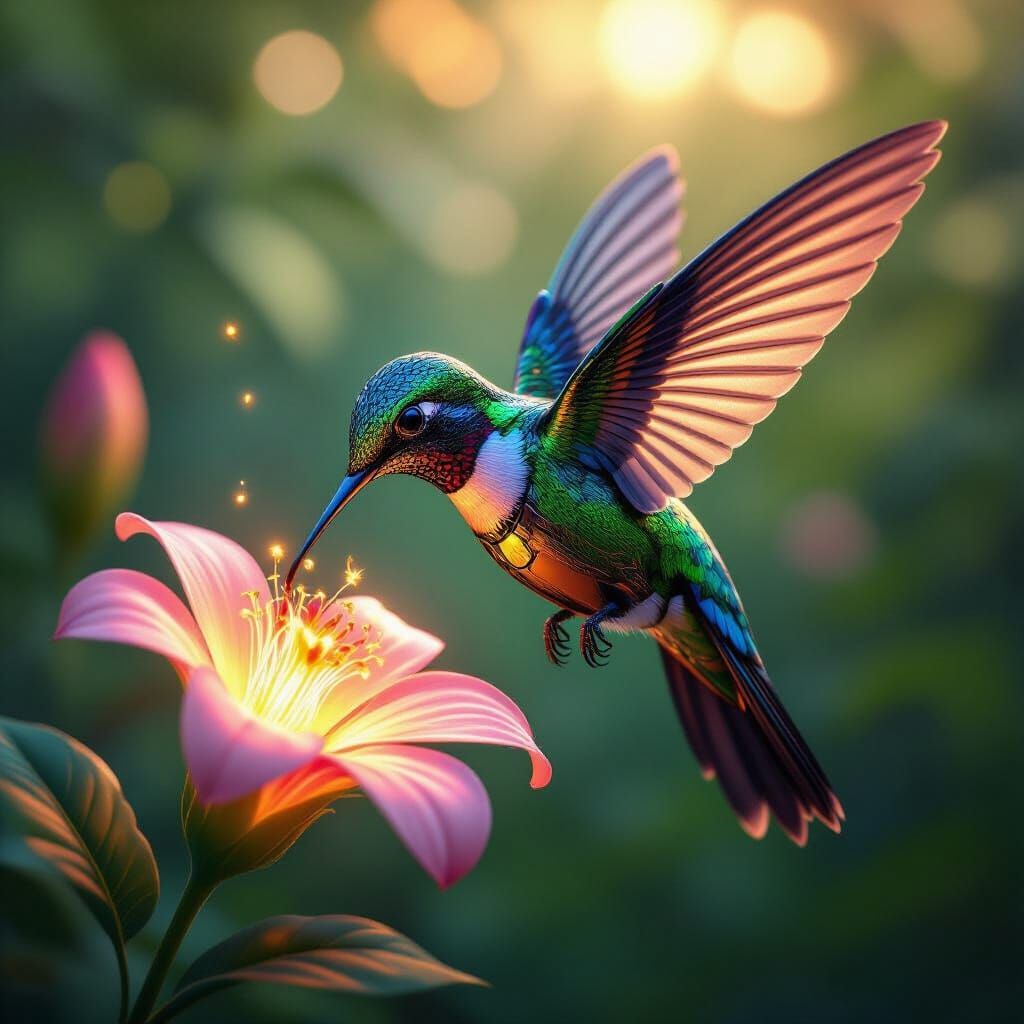 Cybernetic Hummingbird Sips Nectar in Digital Painting Style