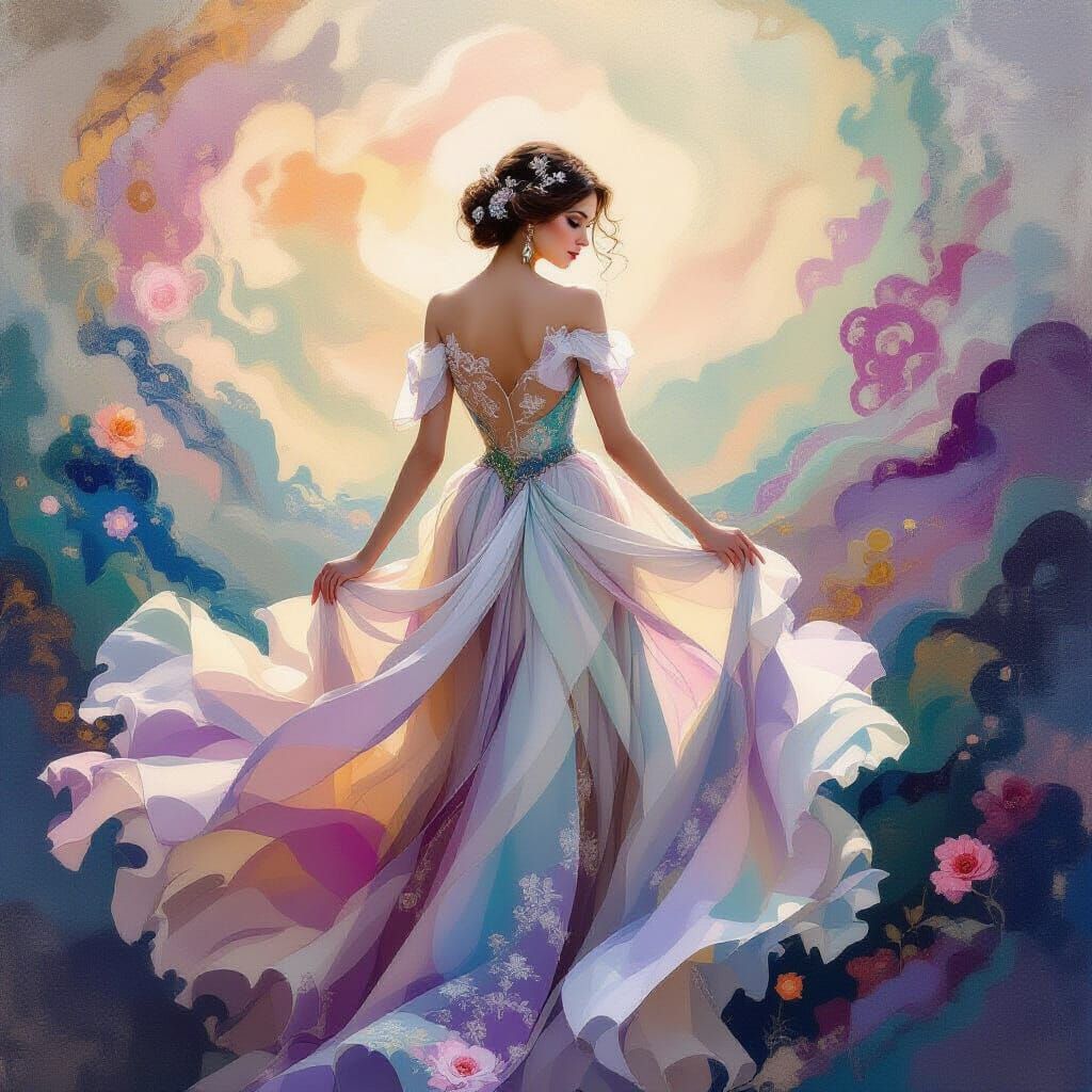Enchanting Woman in Iridescent Gown, Surrealist Style