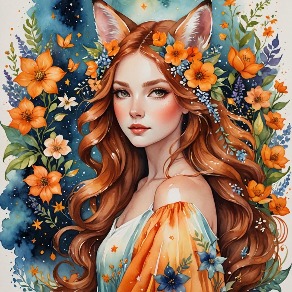 Whimsical Watercolor Portrait of Woman with Fox Features
