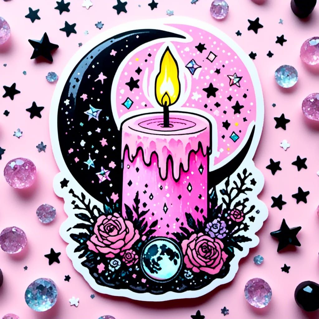 Pastel Goth Wiccan Candle Sticker with Crystals