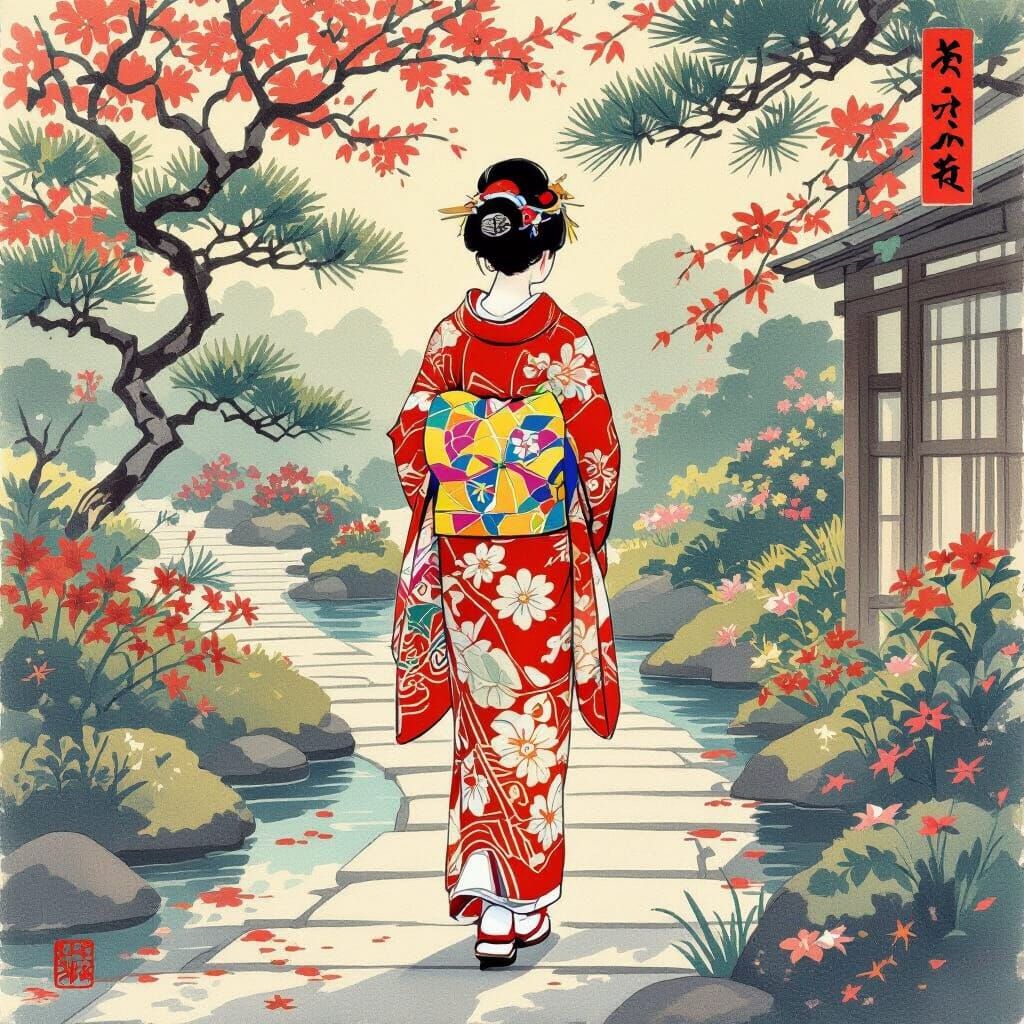 Serene Japanese Garden Scene with Woman in Kimono