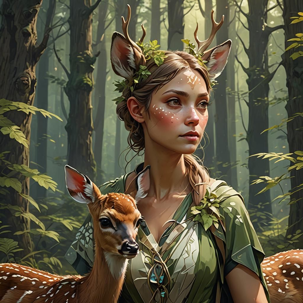 Fawn and Mother in Forest, Digital Art