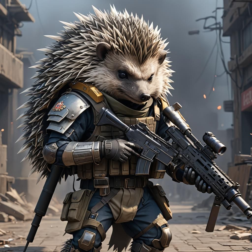 Hedgehog Soldier with Big Gun in 3D Anime Art