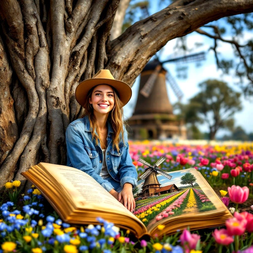 Australian Girl Surrounded by Wildflowers and Dutch Landscap...