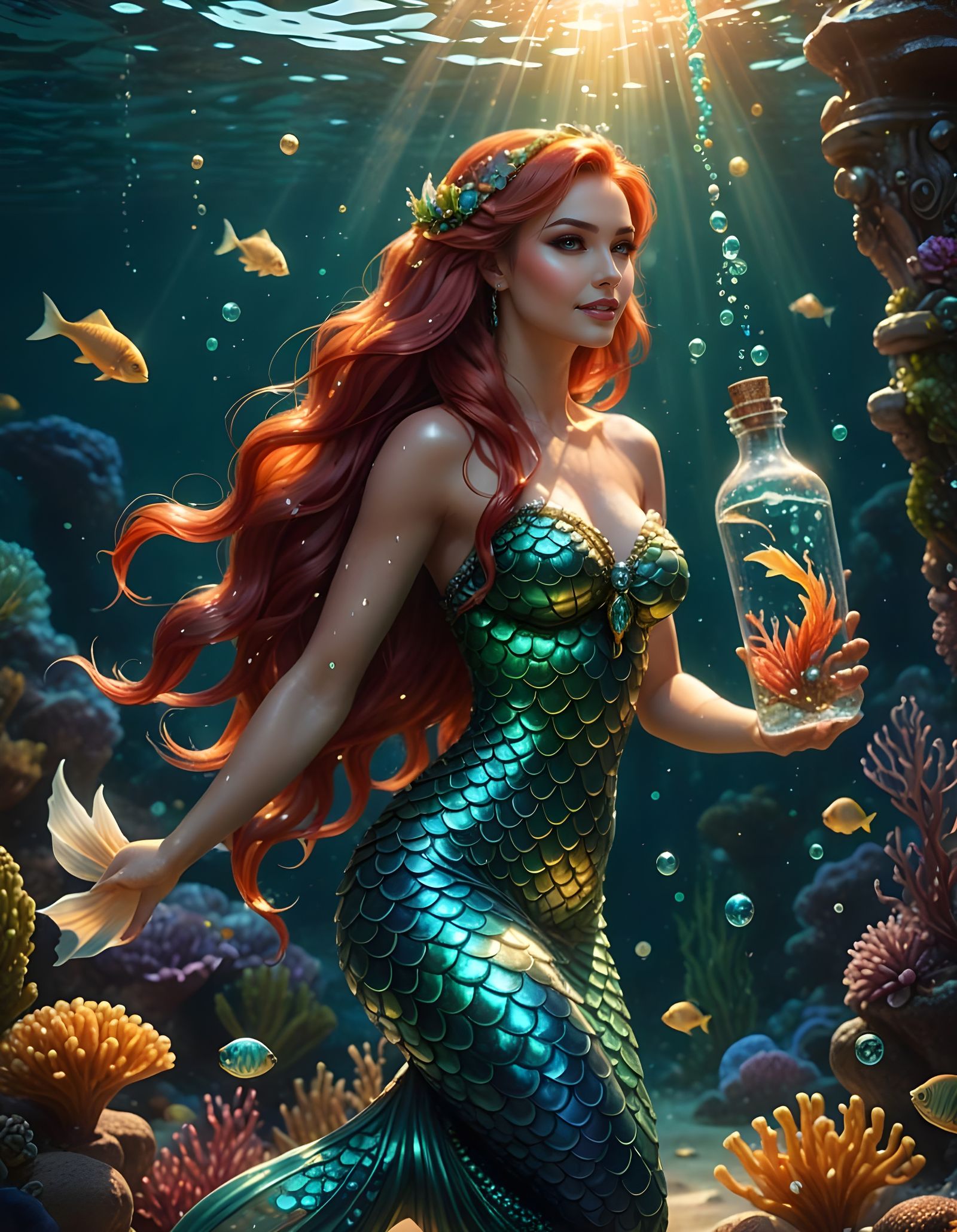 Stunning Mermaid Gazing at Antique Bottle in Underwater Scen...