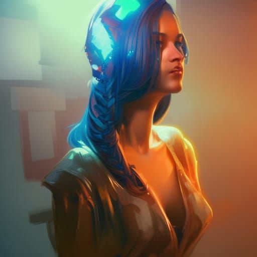 Blue-Haired Woman Portrait in Hyperdetailed Art Style
