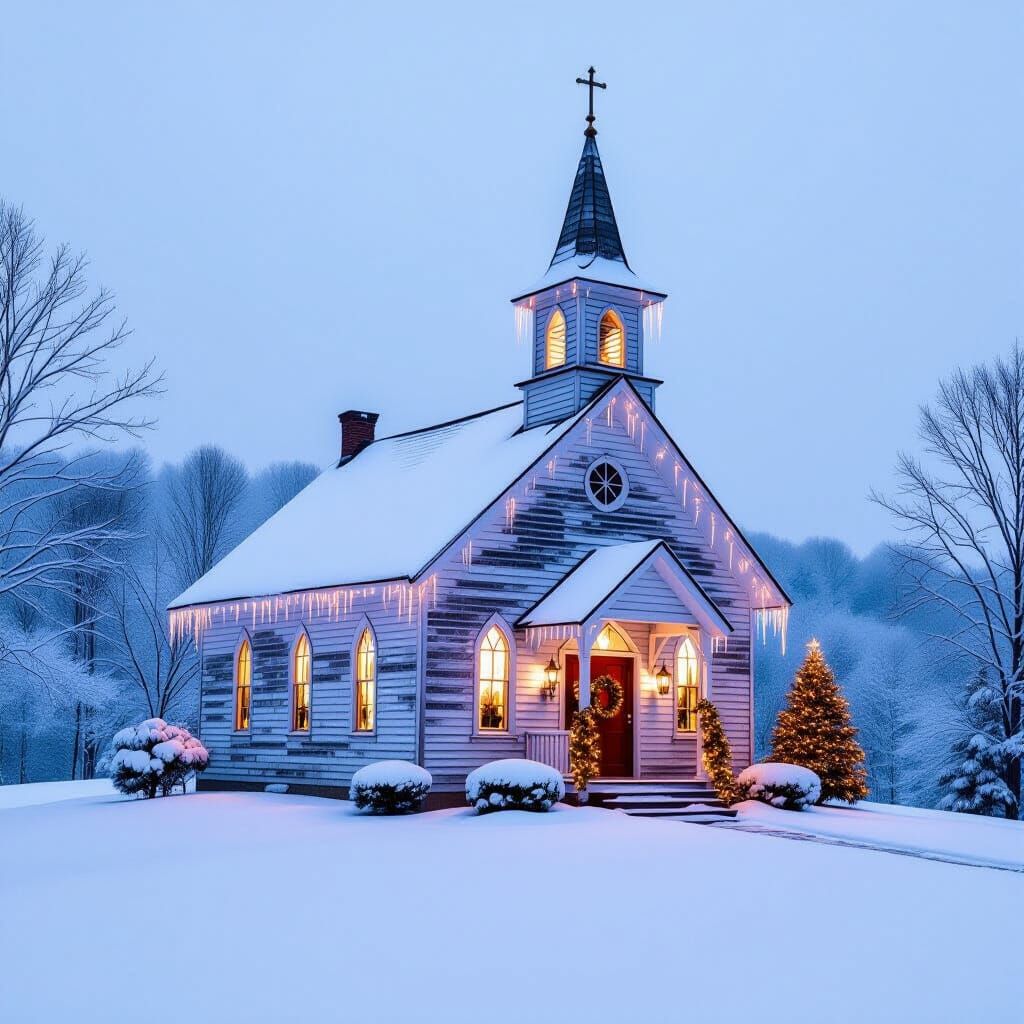 Rustic Country Church on Snowy Hilltop - Christmas Eve