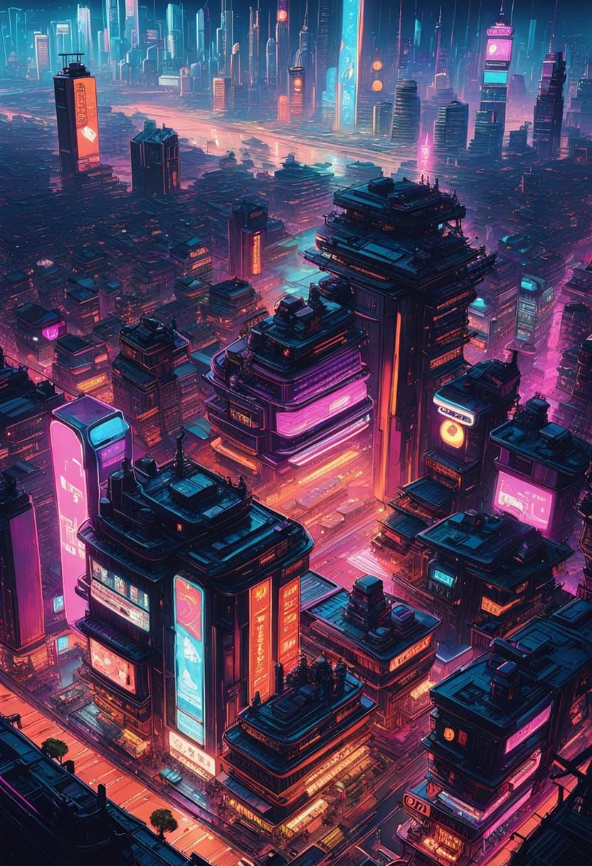 Cyberpunk Metropolis at Night: Neon and Flying Vehicles