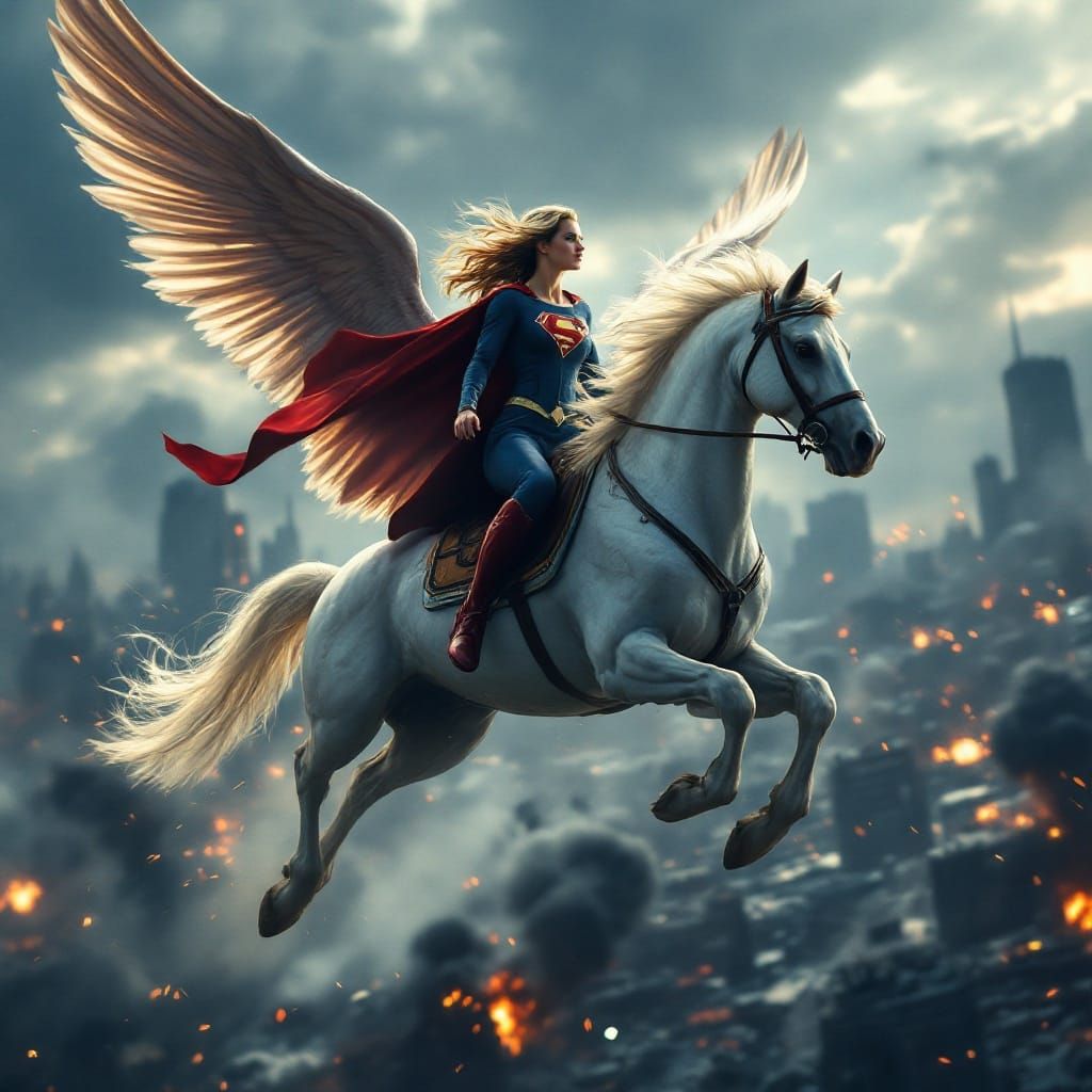 Supergirl Soars on Pegasus Amidst War-Torn Skies in Cinemati...