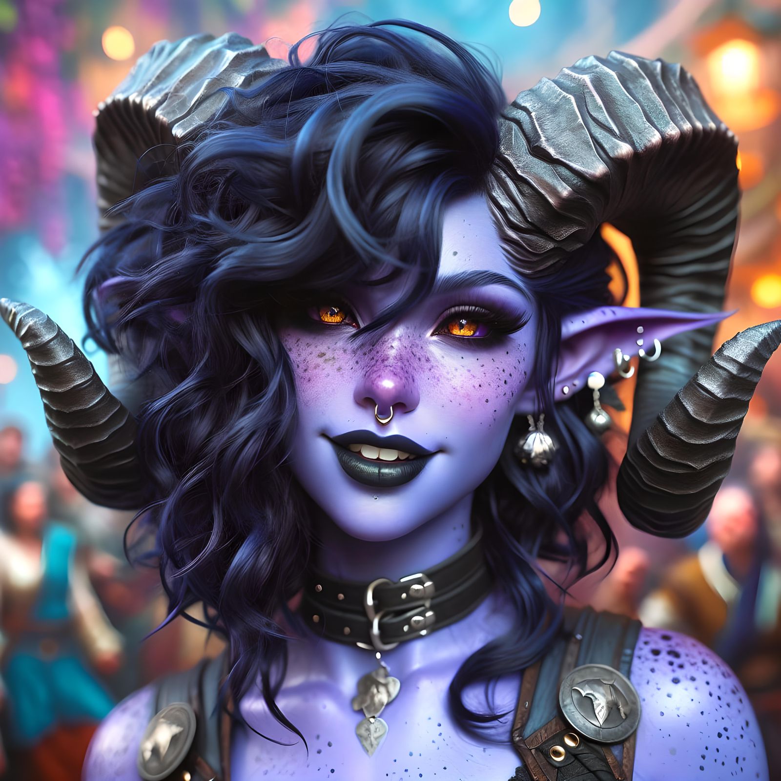 Tiefling Woman with Amber Eyes in Festive Dark Fantasy