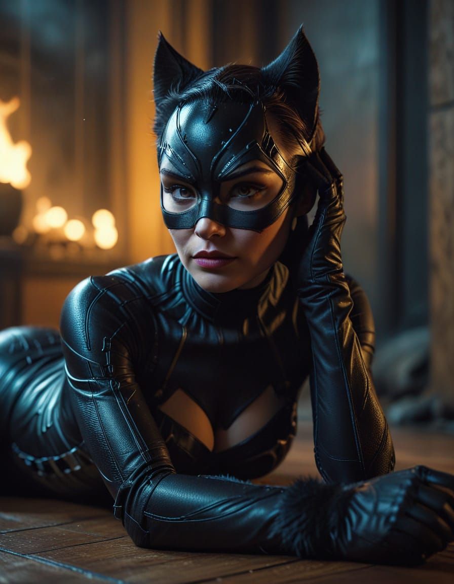 Sensual Catwoman Cosplay Portrait in Cinematic Style