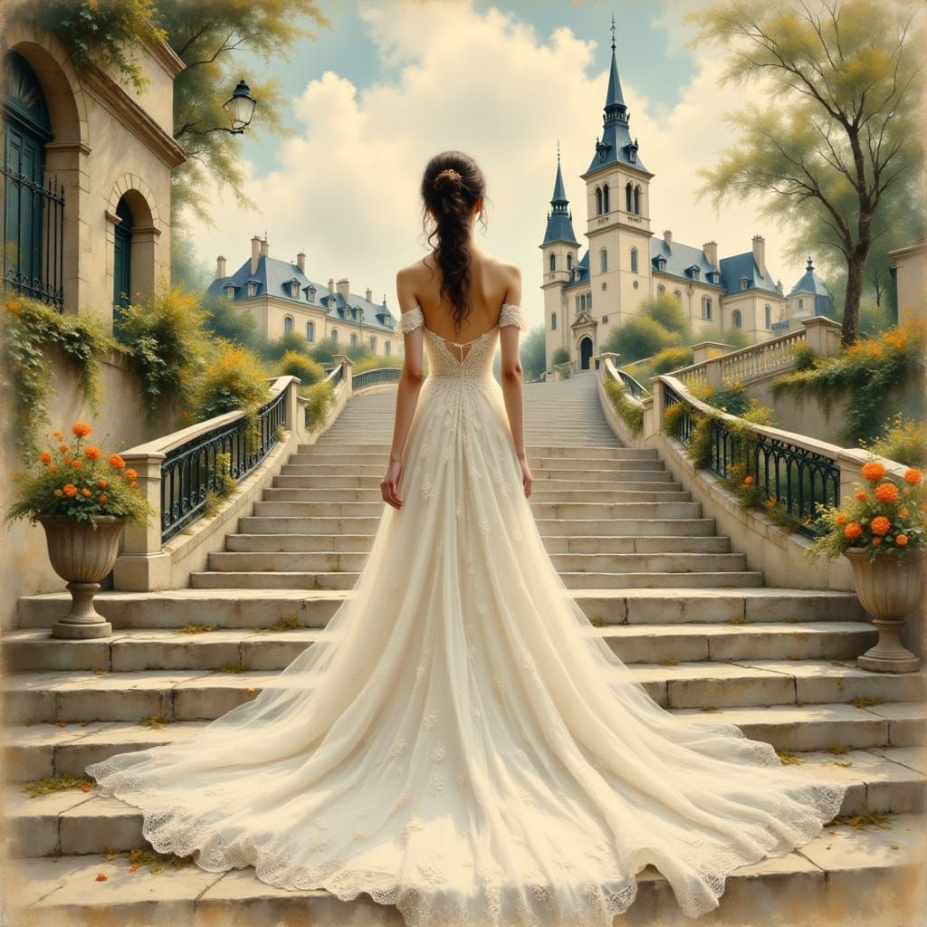 Parisian Bride in Impressionist Style Wedding Dress
