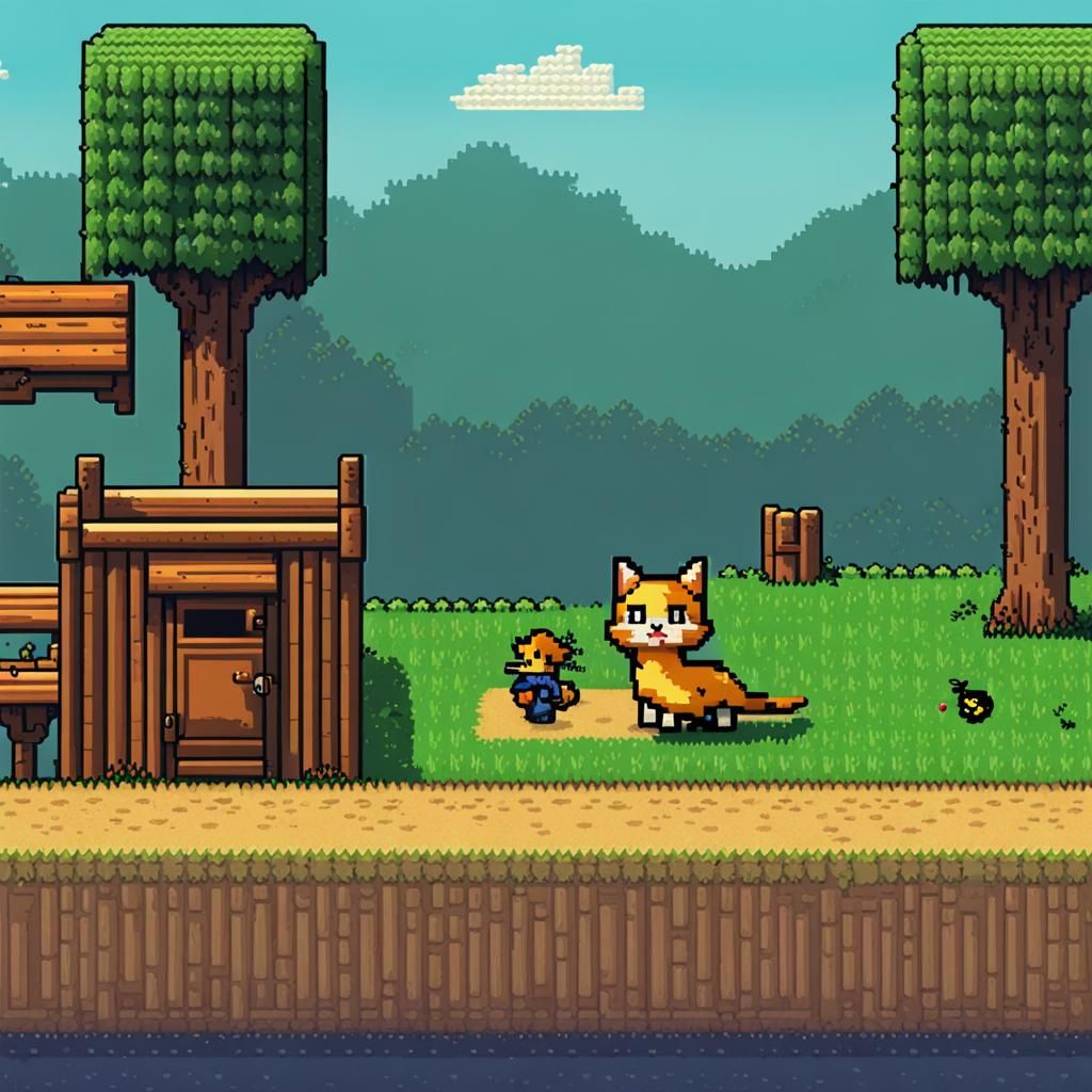 8-Bit Cat Hunts Duck in Video Game Style