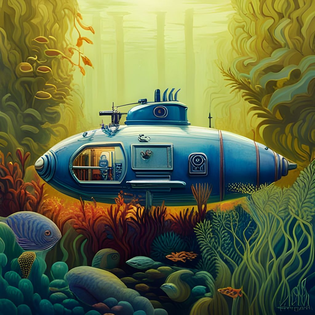 Fantastical Retro Submarine in Iridescent Underwater Scene
