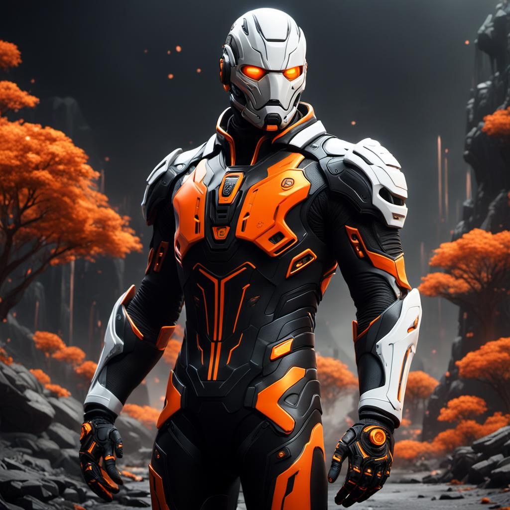 Man in Black and Orange Nanosuit: Detailed Digital Art