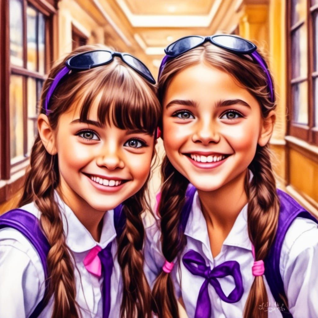 Cute Teens in School Uniforms, Crayon Drawing Style