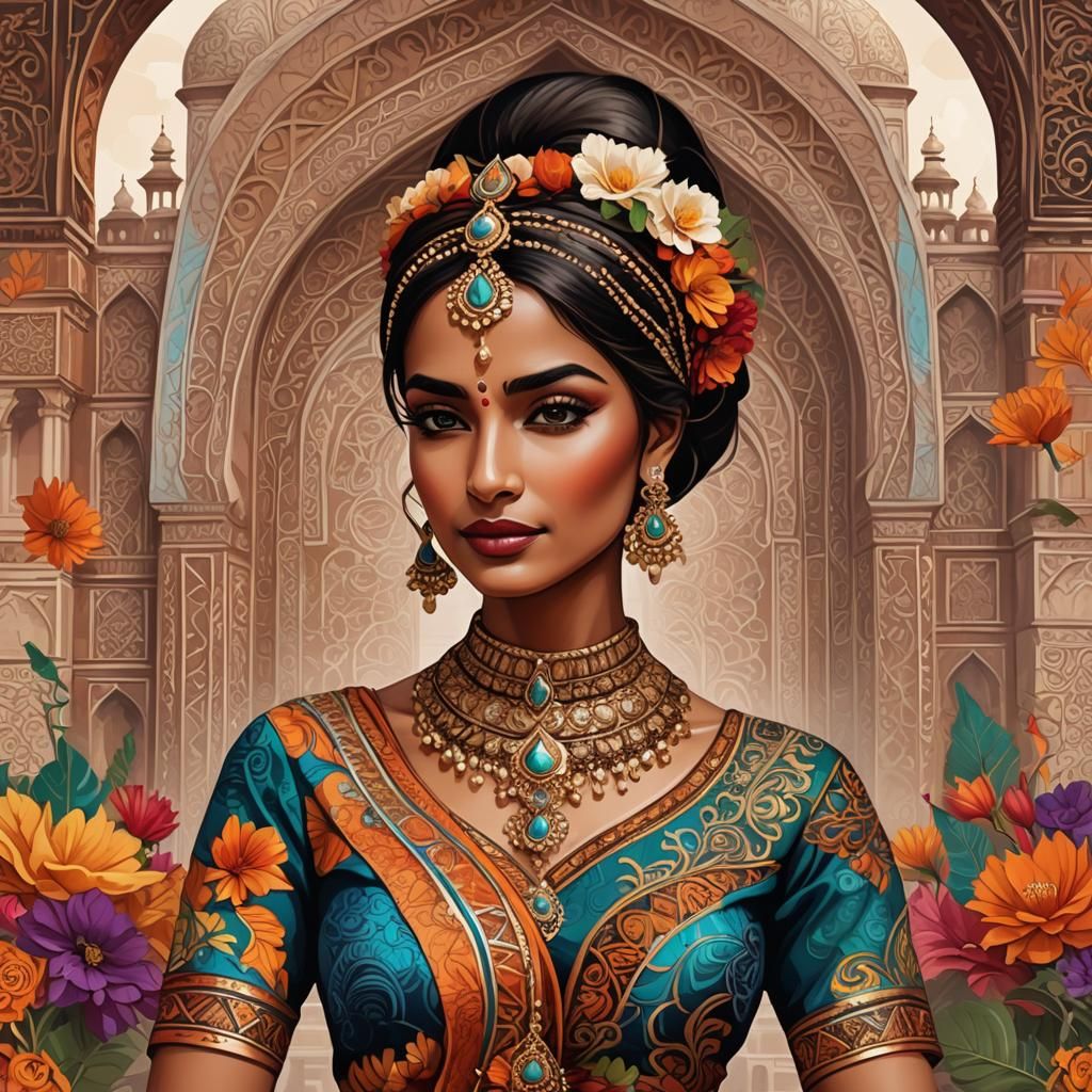 Indian Model with Henna and Taj Mahal Backdrop