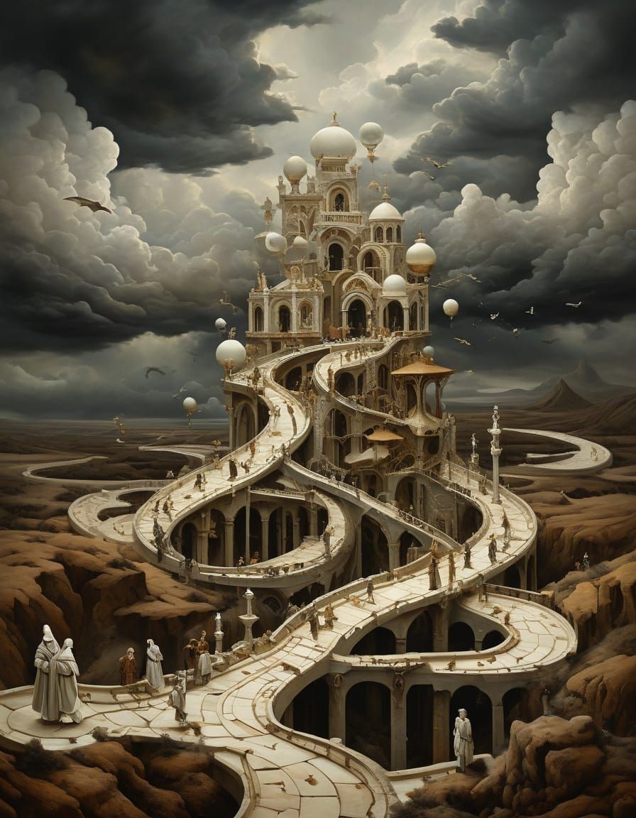 Impossible Structure With Time Motif In Surreal Oil Painting