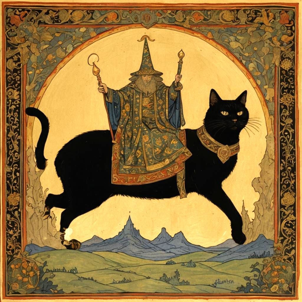 Cat Wizard Rides Five-Legged Cat in Bilibin Style