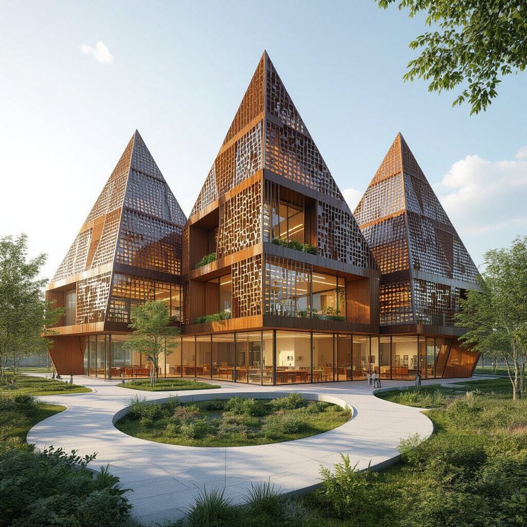 Futuristic 3D School Design with Pyramidal Forms