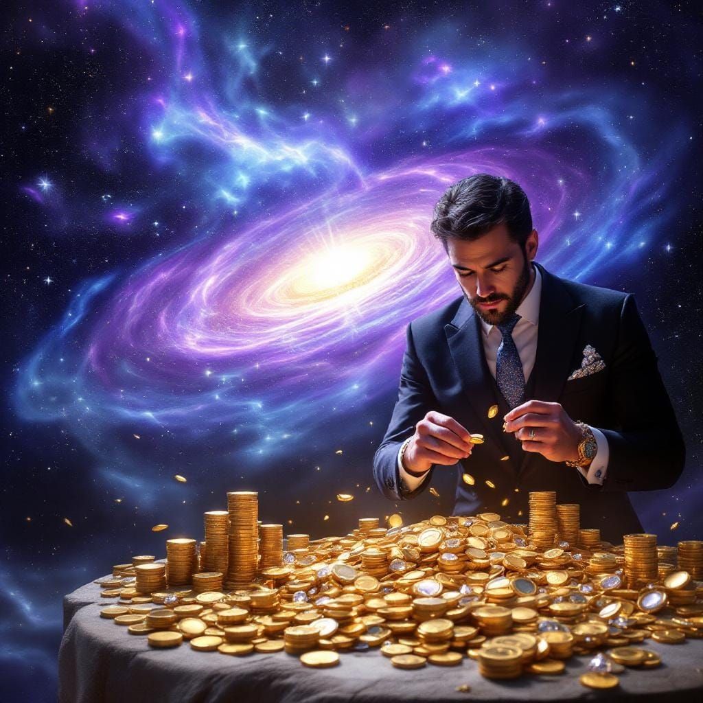 Man Counts Cosmic Wealth Amidst Swirling Stars