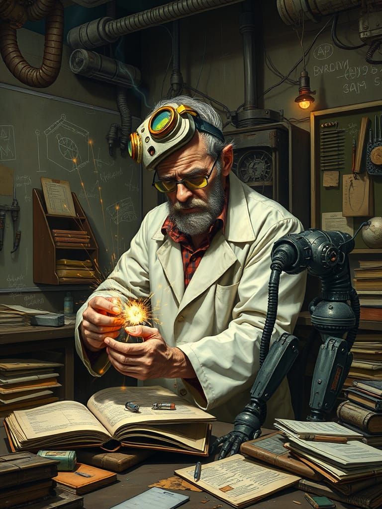 Mad Scientist Works on Futuristic Robot in Cluttered Laborat...