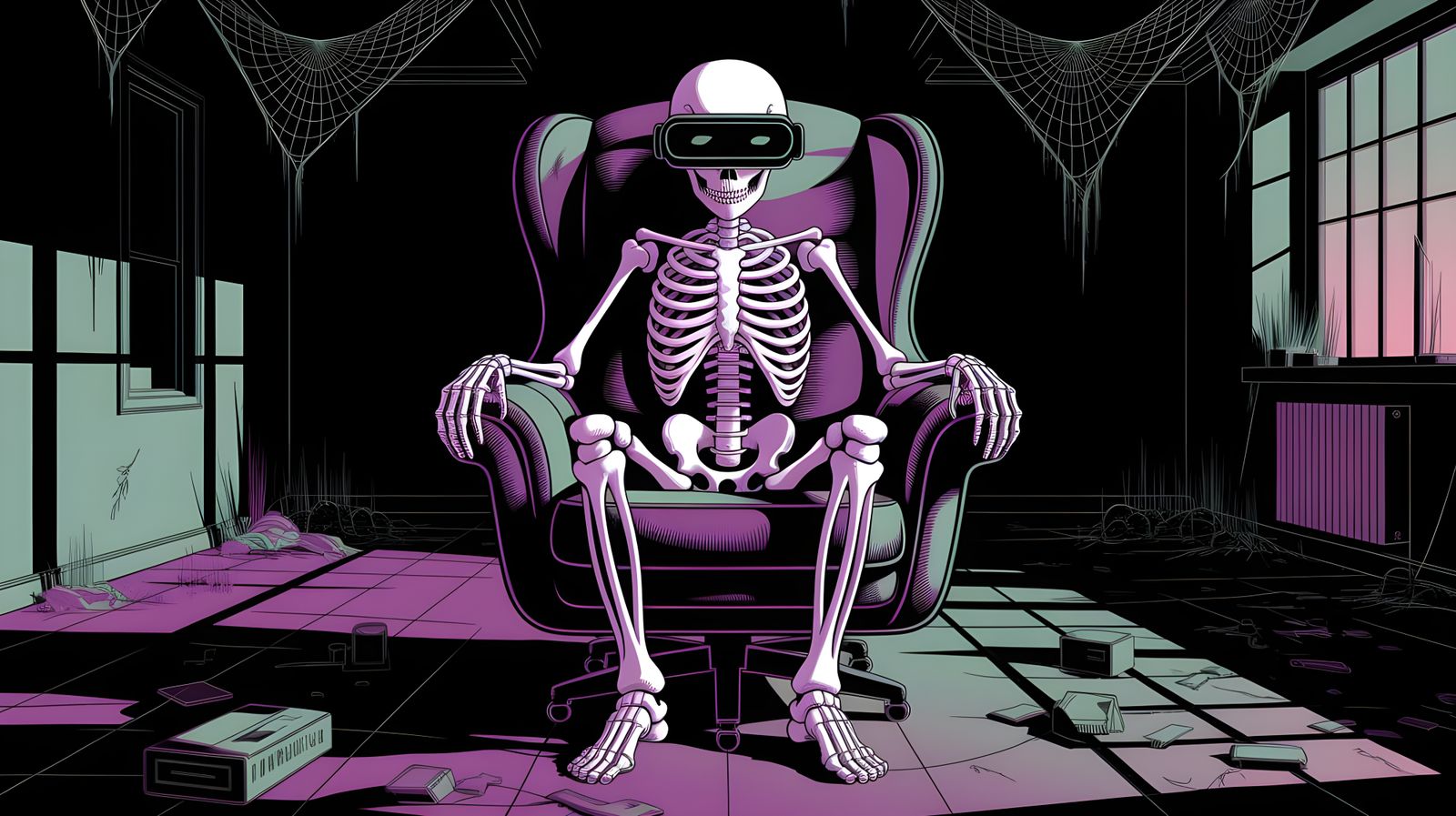 Cyberpunk Skeleton in Abandoned Room Anime Pop Art