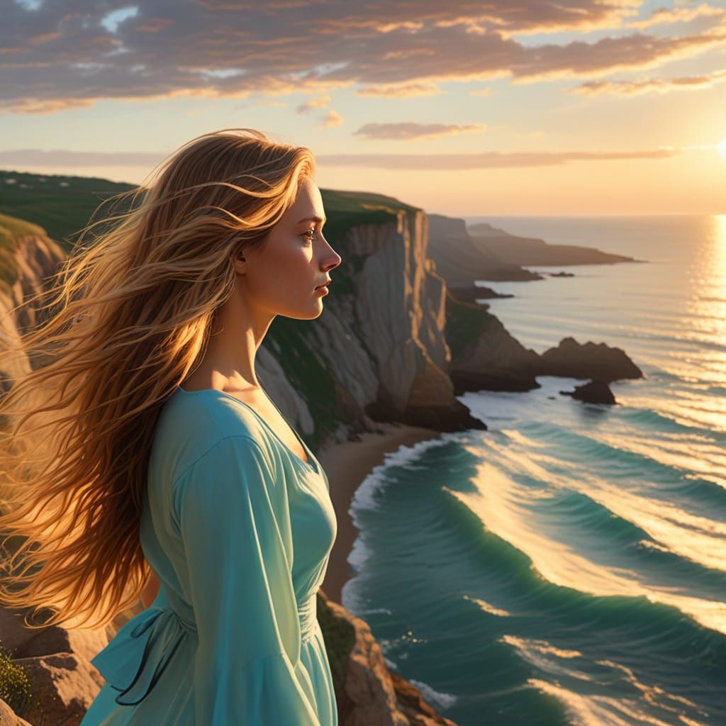 Woman Overlooking Sea in Golden Light