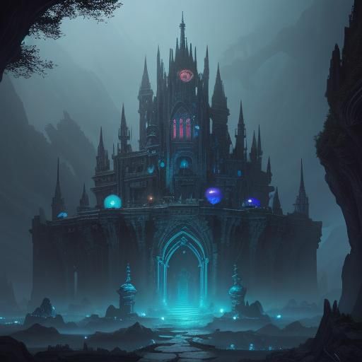 Fantasy World with Neon Runes in Art Nouveau Style