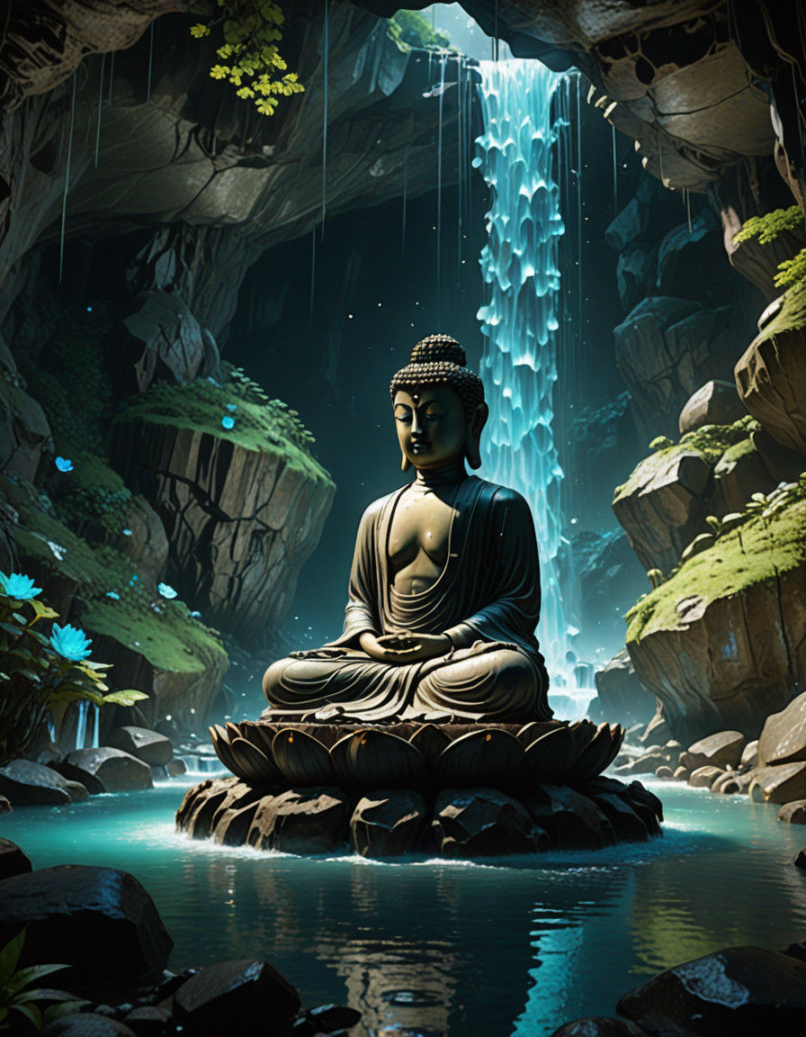 Surreal Crystal Cave with Serene Buddha Statue in Glowing Ge...