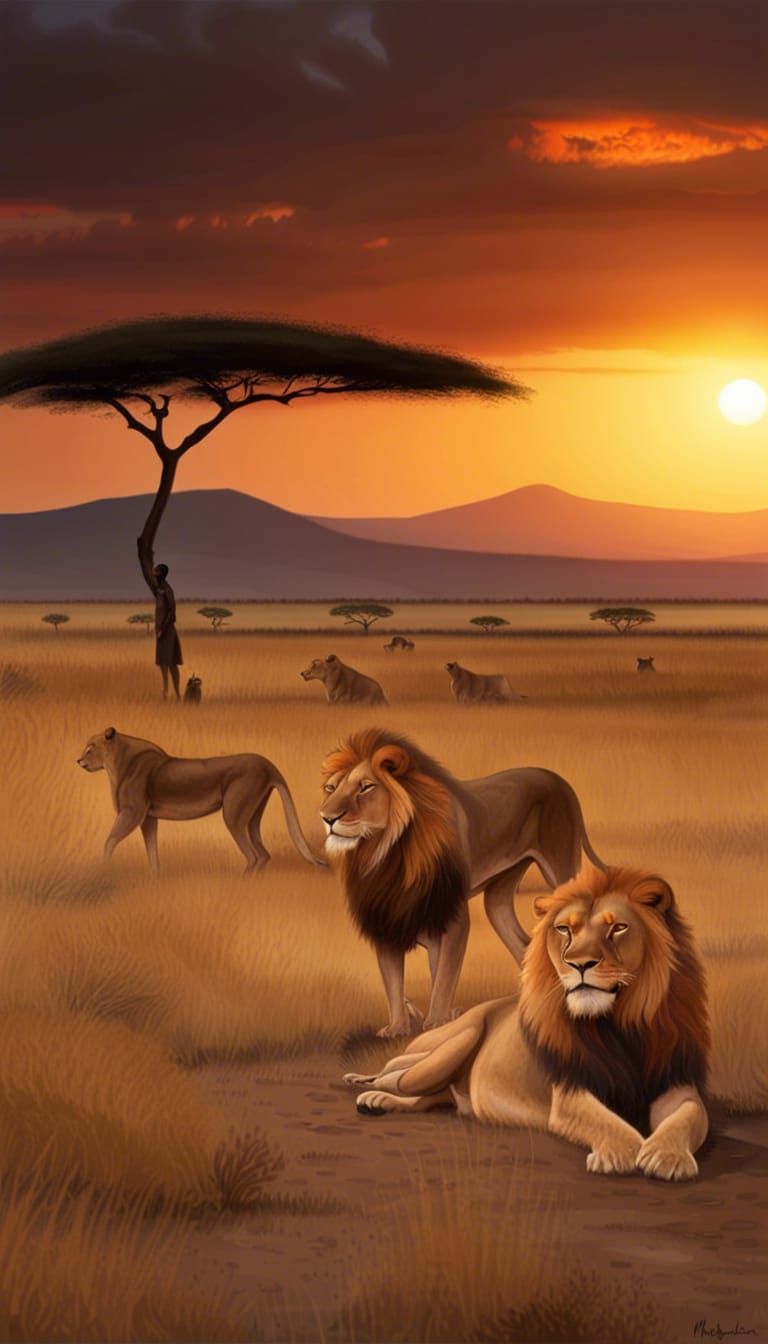 Kenyan Savannah Sunset with Lions and Masai