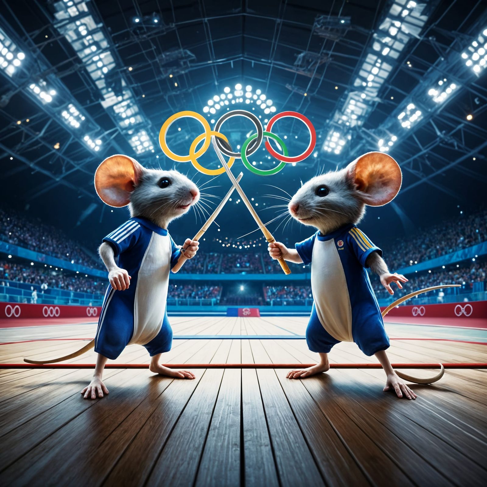 Two mice fencing at the Summer Olympics