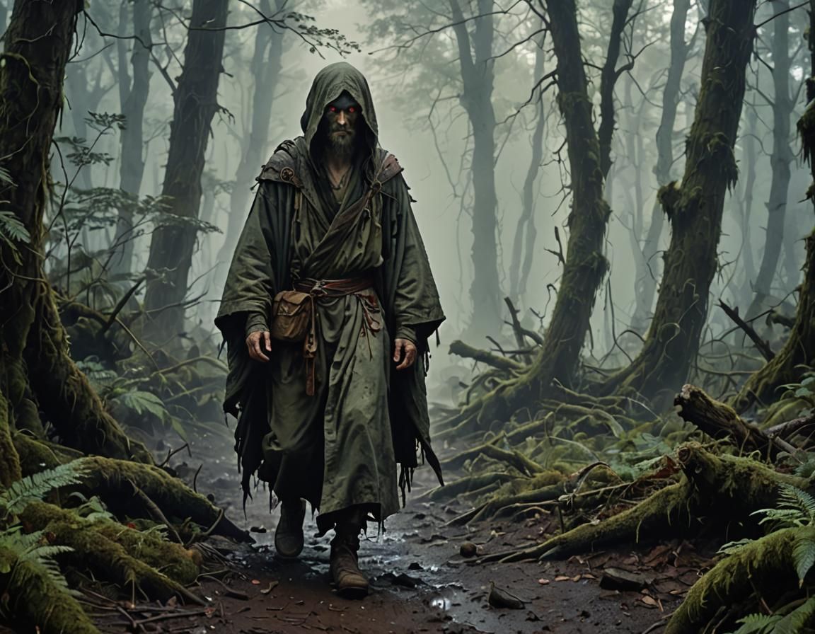 Mist-Shrouded Traveler Watched by Monster, in Dark Romantici...