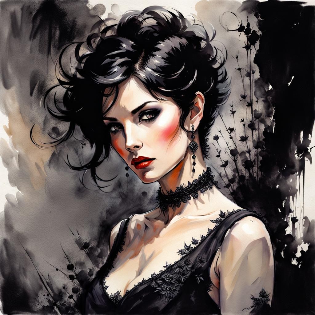 Gothic Spanish Housewife Portrait in Ink Painting Style