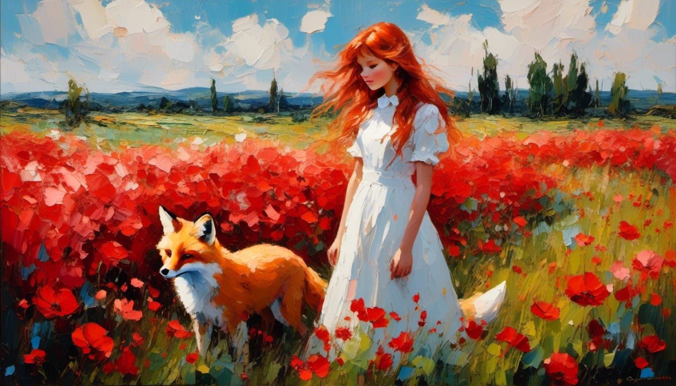Red-Haired Girl and Fox in Flower Field, Impasto Painting