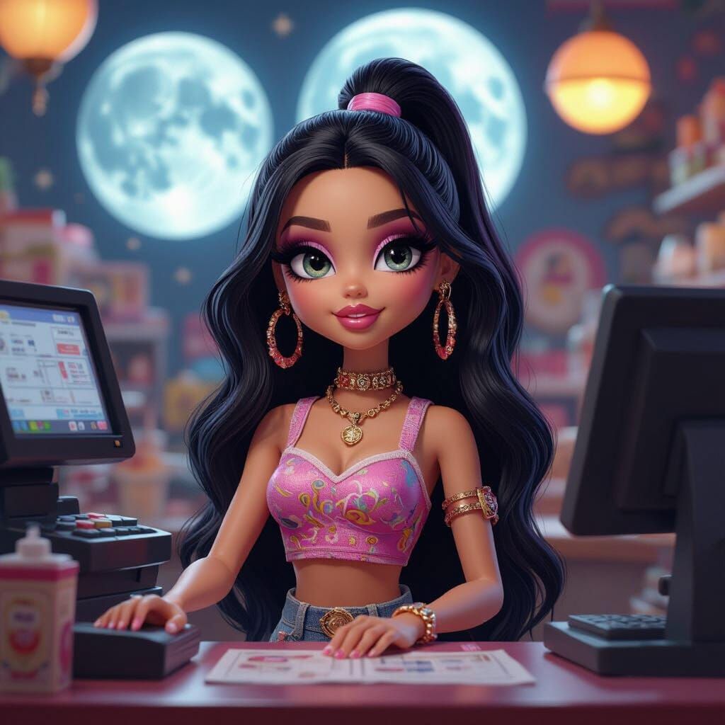 Bratz Doll Andrea as Cashier With Moon Background